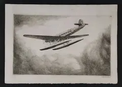 Idrovolante in volo: Ala Littoria I - FANO - 1938 by Antonio Carbonati, etching, offered Jul 2025