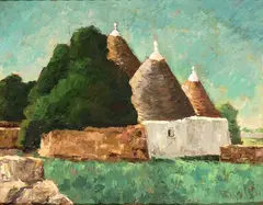 Landscape with “trulli” by Cesarina Gualino, 1951, On the back a painting signed and dated upper right, offered Jul 2025