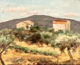 Cesarina Gualino, Landscape with two houses, 1946