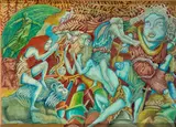 Laurent Hours, Surrealist scene, Mixed technique on paper applied on board
