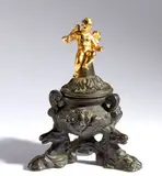 Giuseppe de Levis, Inkwell, Dark brown and fire-gilded patina bronze