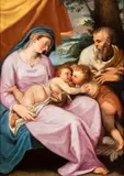 Girolamo Muziano, Holy Family with St John the Baptist, The painting bears a cartouche on the back with a pen inscription: "SCUOLA DEL PARMIG[...] / DA CAPPONI MAGGIO