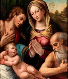Bartolomeo Ramenghi il Bagnacavallo, Madonna and Child, Saint John the Baptist and Saint Jerome, The painting has an ancient cartouche with a pencilled inscription on the back of the panel: "QUADRO RAPPRESENTANTE