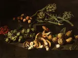 Still life with mushrooms, artichokes and fruit by Angelo Maria Rossi già Pseudo Fardella, Questa natura morta di eccellente qualità compendia al meglio le virtù di Angelo Maria Rossi, offered Jun 2025