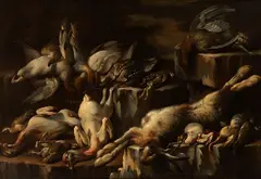 Felice Boselli, Still life with hare and game in a landscape, on un fondale scuro