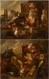 Nicola Casissa, a) Vase of flowers in the garden of a villa with ducks and a fountain; b) Vase of flowers in the garden of a villa with a staircase and peacocks. Pair of paintings, Oil on canvas