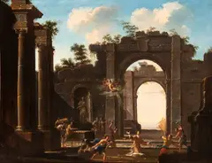 Viviano Codazzi, Architectural capriccio with classic ruins and the martyrdom of Saint Stephen, In this beautiful capriccio