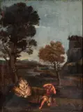 Landscape with Moses and the Burning Bush by Domenico Zampieri Il Domenichino, The painting bears two old typewritten labels: one, offered Jun 2025