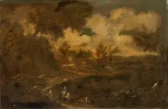 Antonio Francesco Peruzzini, Landscape with watercourse, bridge, monk and wayfarers, Oil on canvas