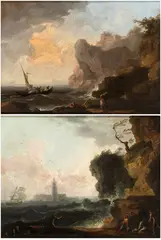 Joseph Vernet, a) Marina with reef, shipwrecks and citadel in the background; b) Marina with fishermen, galley and lighthouse. Pair of paintings, a) Oil on canvas; b) oil on canvas laid on panel