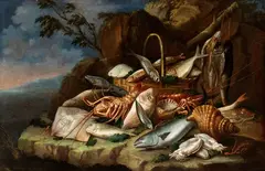 Giacomo Nani, Still life with fish and shellfish in a landscape, The painting bears the signature in the bottom centre: "GIACOMO NANI F.".