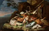 Giacomo Nani, Still life with fish and shellfish in a landscape, The painting bears the signature in the bottom centre: "GIACOMO NANI F.".