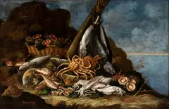 Giacomo Nani, Still Life with Fish, Shellfish and Seafood in a landscape, The painting bears the signature in the lower left-hand corner: "GIACOMO NANI F.".