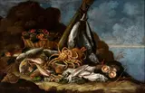 Giacomo Nani, Still Life with Fish, Shellfish and Seafood in a landscape, The painting bears the signature in the lower left-hand corner: "GIACOMO NANI F.".