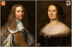 Philippe de Champaigne, a) Portrait of a nobleman of the Grand-Rullecourt family; b) Portrait of a noblewoman of the Cambrai family. Pair of paintings, The pair of paintings bears the coats of arms of the noble families of origin in the upper corners. The