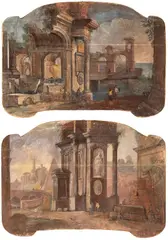 a) Capriccio costiero con figure; b) Capriccio architettonico con figure. Coppia di dipinti by Pietro Paltronieri il Mirandolese, Tempera on shaped canvas, offered Jun 2025