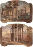 Pietro Paltronieri il Mirandolese, a) Capriccio costiero con figure; b) Capriccio architettonico con figure. Coppia di dipinti, Tempera on shaped canvas
