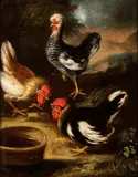 Baldassare de Caro, Landscape with cock fighting, The painting bears the brush signature at lower left: "DE CARO".
