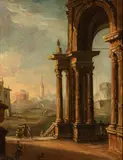 Gherardo Poli, Architectural capriccio with portico and figures, Oil on canvas