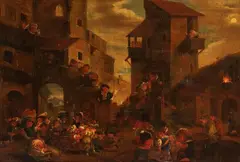 Faustino Bocchi, Feast of dwarfs in a village, Oil on canvas