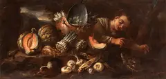 Felice Boselli, Still life of vegetables and fruit with maiden, The painting was confirmed to Felice Boselli by Dr Ulisse Bocchi.