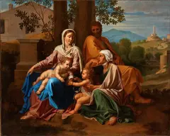 Nicolas Poussin, Holy Family with St. John and Saint Elizabeth, The canvas is a replica of the painting by Nicolas Poussin in the Louvre Museum in Paris.