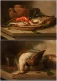 Nicola Levoli, a) Still life with fish and pottery; b) Still life with game and glass. Pair of paintings, Oil on canvas