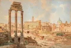 Giuseppe Costantini, View of the Roman forum with the temple of Castor and Pollux, The drawing bears the signature and place in the bottom left-hand corner: "COSTANTINI / ROMA".