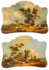 Giuseppe Zais, a) Landscape with shepherds and herds; b) Landscape with shepherdesses, flocks and farm. Couple of paintings, oil on canvas sagomata