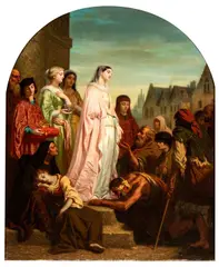 Hugues Merle, Saint Elizabeth of Hungary, The painting bears the signature at lower left: "HUGUES MERLE" and on the back of the frame a long pen inscription