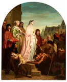Hugues Merle, Saint Elizabeth of Hungary, The painting bears the signature at lower left: "HUGUES MERLE" and on the back of the frame a long pen inscription