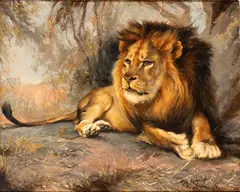 Wilhelm Kuhnert, Lion at rest, The painting is signed at lower right: "WILH. KUHNERT".