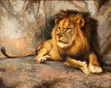 Lion at rest by Wilhelm Kuhnert, The painting is signed at lower right: "WILH. KUHNERT"., offered Jun 2025