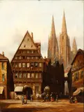 Henry Thomas Schafer, Town view with Gothic church in the background, The painting bears brush stroke sing and date in the lower right bottom: "H. SHAFER /