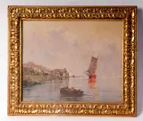 Nicolas De Corsi, Glimpse of a marina with boats and characters, framed