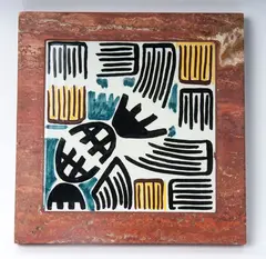 Giuseppe Capogrossi, Polychrome ceramic tile, with abstract geometric design in frame and pink Verona marble. State of preservation: very good