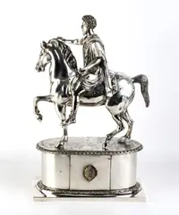 Solid silver sculpture depicting the equestrian statue of Marcus Aurelius by Marcello Mortet, Attributed to Marcello Mortet, offered May 2025