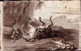 Two horses fallen in battle by Giovanni Domenico Tiepolo, Brown ink and watercolour on laid paper, offered Apr 2025