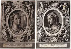 Hieronymus Wierix, Fortitude | Temperance, After Giovanni Stradano. From the series "Virtutum theologicarum et cardinalium". Engraving