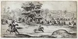 Ercole Bazzicaluva, Cavalry scene in a landscape with trees, Etching