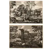 Sébastien Bourdon, Landscape with the Good Samaritan | Landscape with shepherd, sheep and dog, Lot of two prints: Landscape with the parable of the Good Samaritan Etching
