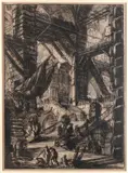 Staircase with trophies and two flags, from the series "Carceri" by Giovanni Battista Piranesi, Etching, offered Apr 2025