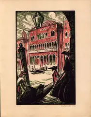 Venetian Gondolas by Robert Bonfils, 1922, Three-color woodcut, offered Apr 2025