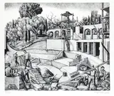 Diego Pettinelli, Vittoriale degli Italiani. Costruzione del teatro., 1937, Woodcut