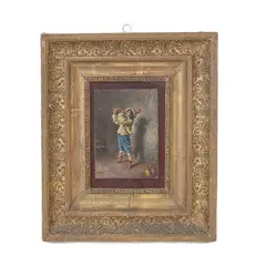 Tito Conti, The drinker, within a stucco frame coeval gilded with palmettes