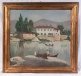 Franco Dani, Lake landscape boats, 1929, framed
