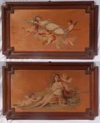 Rodolfo Morgari, Coppia di pannelli, figure femminili con putti in cornici. Stato di conservazione: un pannello presenta una spaccatura orizzontale
