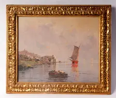 Nicolas De Corsi, Glimpse of a marina with boats and characters, framed