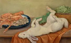 Still life with hare and seafood by Carlo Socrate, 1954, offered Mar 2025