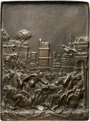 Andrea Riccio, Fighting at the gates of a city, Rectangular bronze plaque